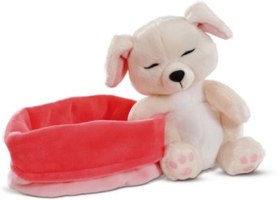 Kuscheltier Sleeping Puppies Hund 16cm, creme im rotrosanen Körbchen