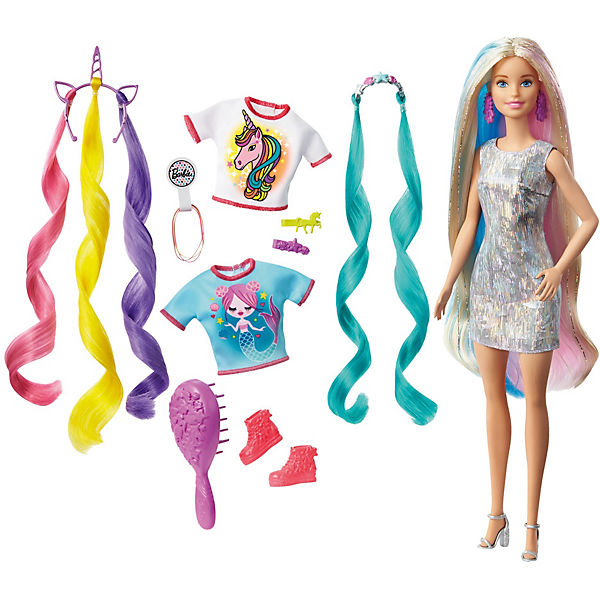 Barbie Fantasie-Haar Puppe (blond), Meerjungfrau- und Einhorn-Look, Anziehpuppe