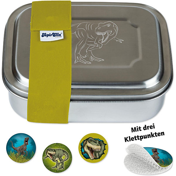 Edelstahl-Brotdose mit Elastikband & 3-Fach-Unterteilung T-Rex, inkl. 3 Kletties