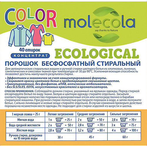 Экологичный гипоаллергенный порошок COLOR для стирки цветного белья Molecola концентрат, 1 кг