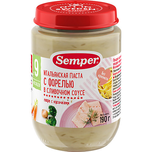 Пюре Semper итальянская паста с форелью в сливочном соусе с 9 мес, 12 шт х 190 г от Semper