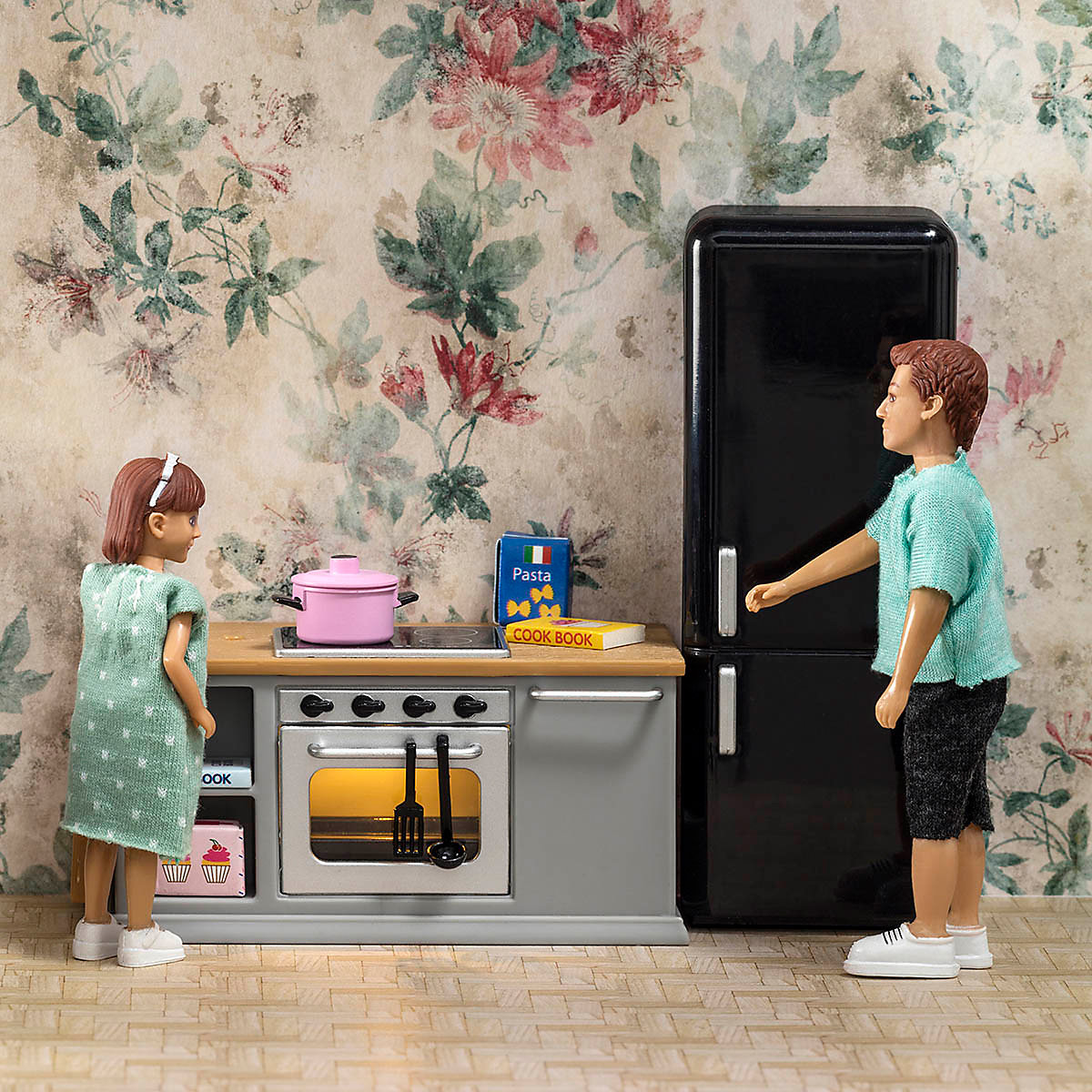 Küchenschrank Herd  Kühlschrank schwarz und Zubehör Puppenhaus Lundby Batterie 
