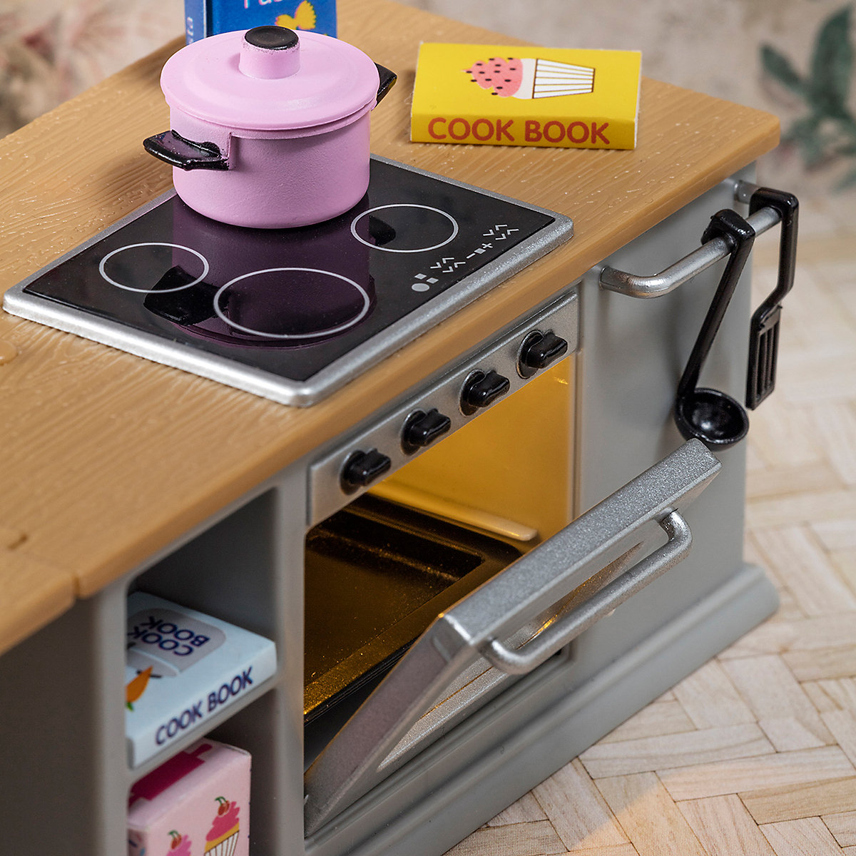 Küchenschrank Herd  Kühlschrank schwarz und Zubehör Puppenhaus Lundby Batterie 