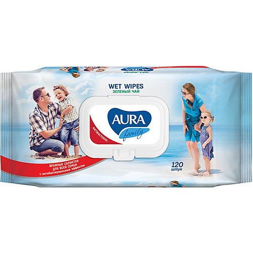 Влажные салфетки AURA Family антибактериальные, 120 шт