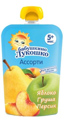Пюре Бабушкино Лукошко яблоко груша персик, с 5 мес, 12 шт х 90 г