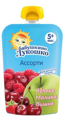 Пюре Бабушкино Лукошко яблоко малина вишня, с 5 мес, 12 шт х 90 г