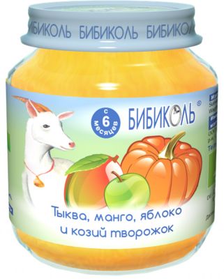 Пюре Бибиколь тыква, манго и козий творожок с 6 мес, 6 шт по 125 г
