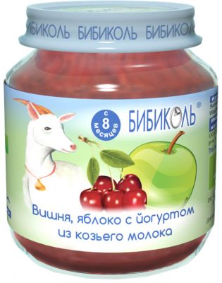 Пюре Бибиколь вишня, яблоко с йогуртом из козьего молока с 8 мес, 6 шт по 125 г