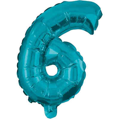 Folienballon türkis Zahl 6, 32 cm inkl. Papierhalm zum Aufblasen