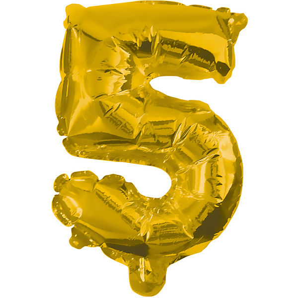 Folienballon Gold Zahl 5, 10 cm inkl. Papierhalm zum Aufblasen