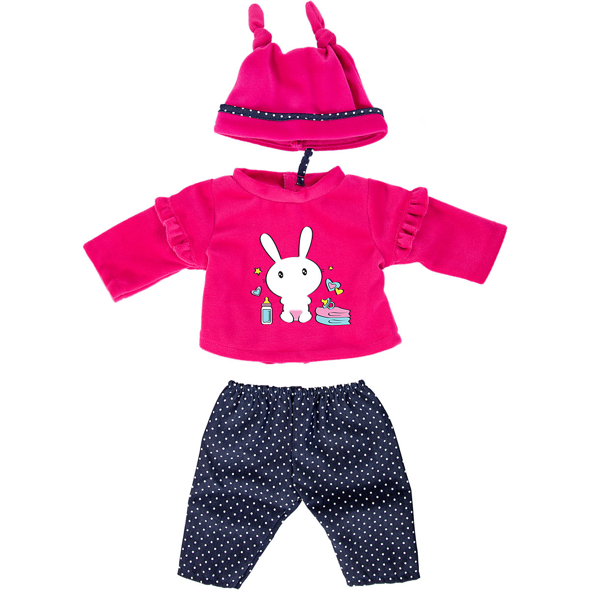 BAYER Kleider für Puppen 33-38 cm: 3-tlg. Set Hose Oberteil Mütze pink/dunkelblau
