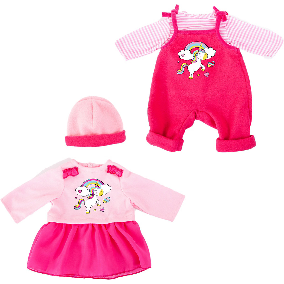 BAYER Kleider für Puppen 42-46 cm: 4-tlg. Latzhose Oberteil Mütze Kleid rosa/pink GU10681