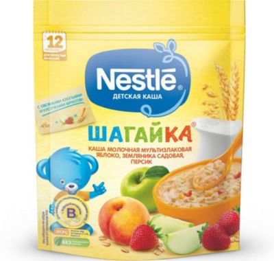 Молочная каша Nestle Шагайка яблоко, земляника, персик, с 12 мес, 200 г