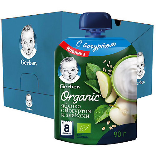 Пюре Gerber Organic яблоко с йогуртом, злаками с 8 мес, 16 шт х 90 г/уп от Gerber