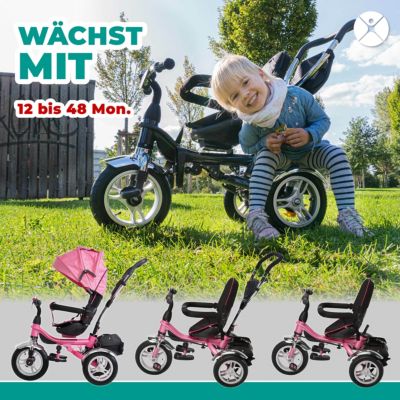 Sonnenschutz Schubstange Korb Pink rosa Kinder Dreirad Premium mit Luftreifen 