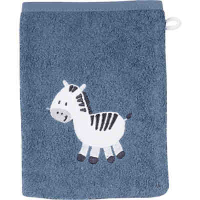 Kapuzenbadetuch und Waschhandschuh in Geschenkebox, Zebra blau, 80 x 80 cm