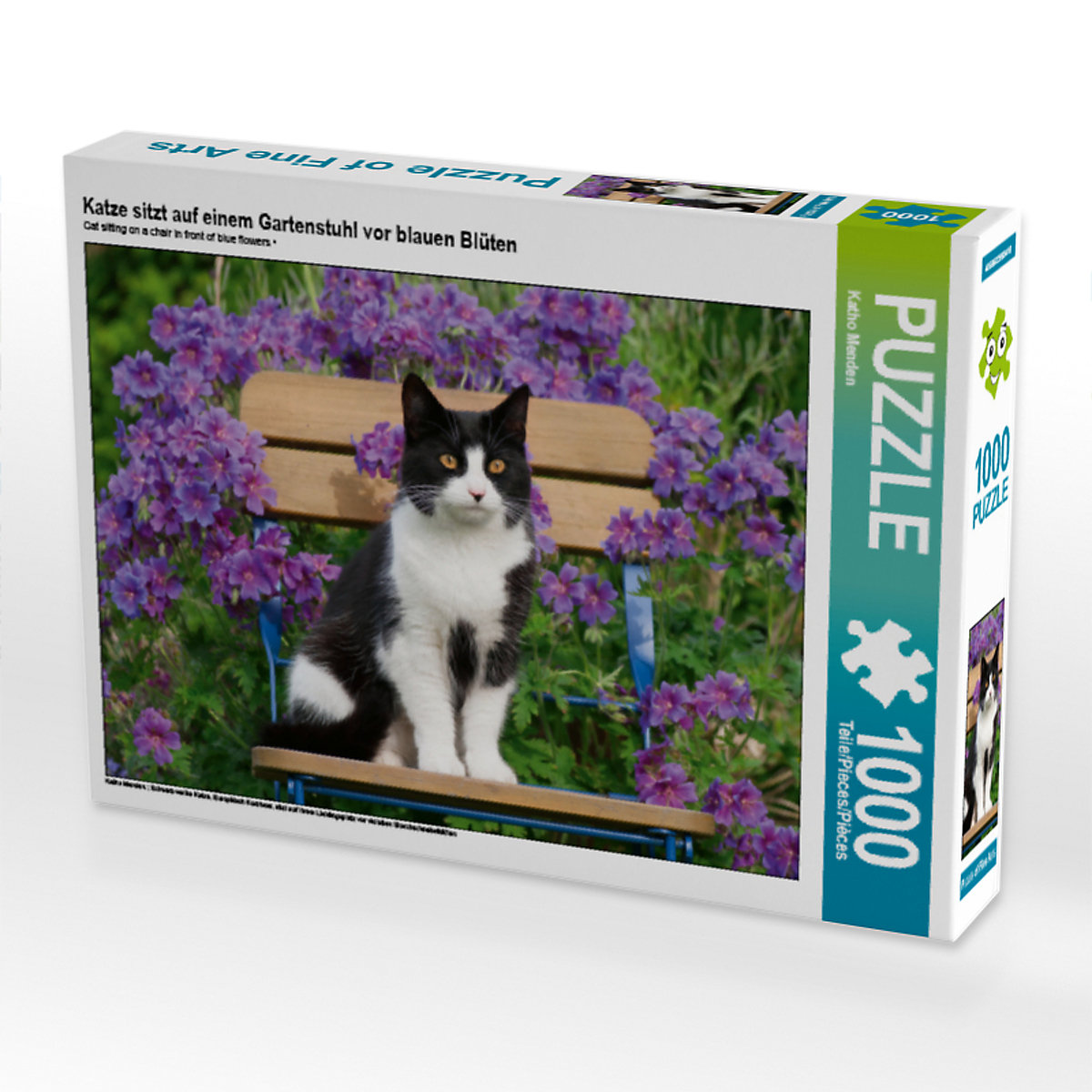 CALVENDO® Puzzle CALVENDO Puzzle Katze sitzt auf einem Gartenstuhl vor blauen Blüten 1000 Teile Foto-Puzzle für glückliche Stunden