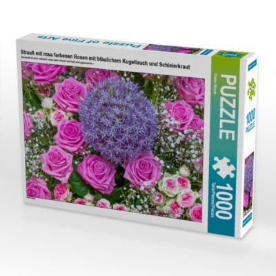 CALVENDO® Puzzle CALVENDO Puzzle Strauß mit rosa farbenen Rosen mit bläulichem Kugellauch und Schleierkraut 1000 Teile Foto-Puzzle für glückliche Stunden