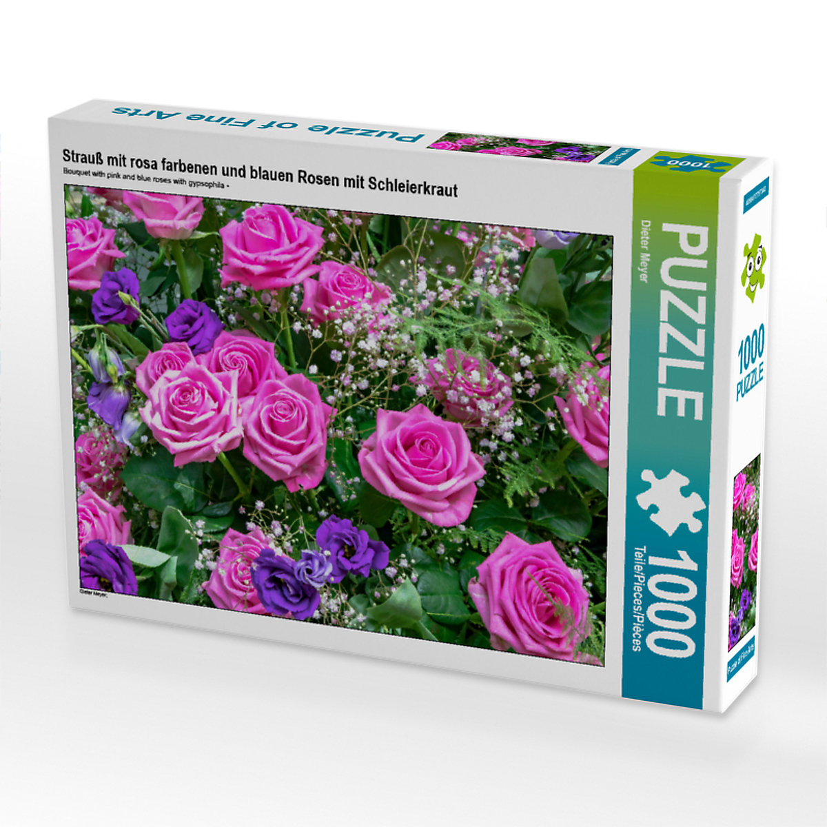CALVENDO® Puzzle CALVENDO Puzzle Strauß mit rosa farbenen und blauen Rosen mit Schleierkraut 1000 Teile Foto-Puzzle für glückliche Stunden