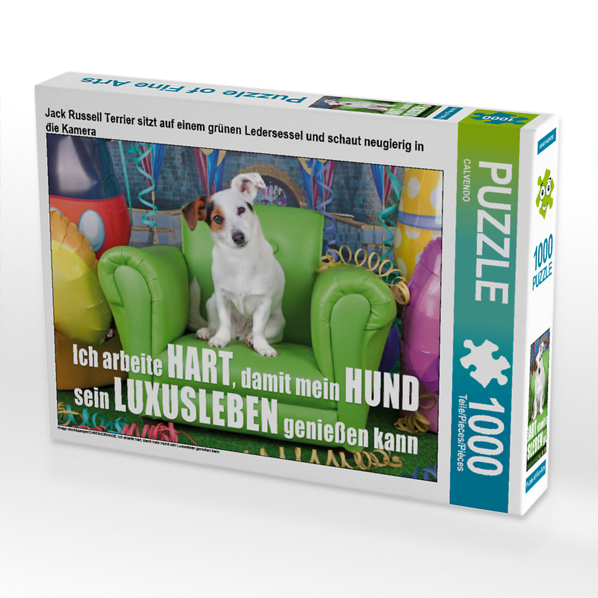 CALVENDO® Puzzle CALVENDO Puzzle Jack Russell Terrier sitzt auf einem grünen Ledersessel und schaut neugierig in die Kamera 1000 Teile Foto-Puzzle für glückliche Stunden