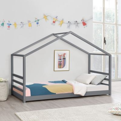 Kinderbett mit Rausfallschutz 90x200cm Haus Holz Grau Bettenhaus Hausbett Bett 