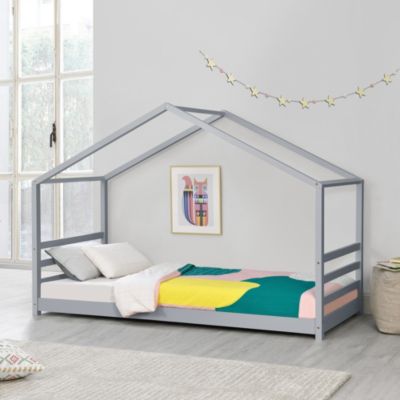 Kinderbett mit Rausfallschutz Matratze Haus Bettenhaus Bett Holz Natur Weiß Grau 