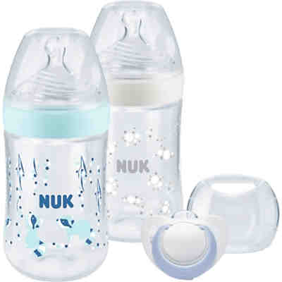 NUK Nature Sense Twin Set Boy mit Temperature Control, 2x NUK Nature Sense Babyflasche mit Temperature Control, 1x NUK Genius-Schnuller, 1x NUK Schnullerbox, BPA frei, blau & weiß