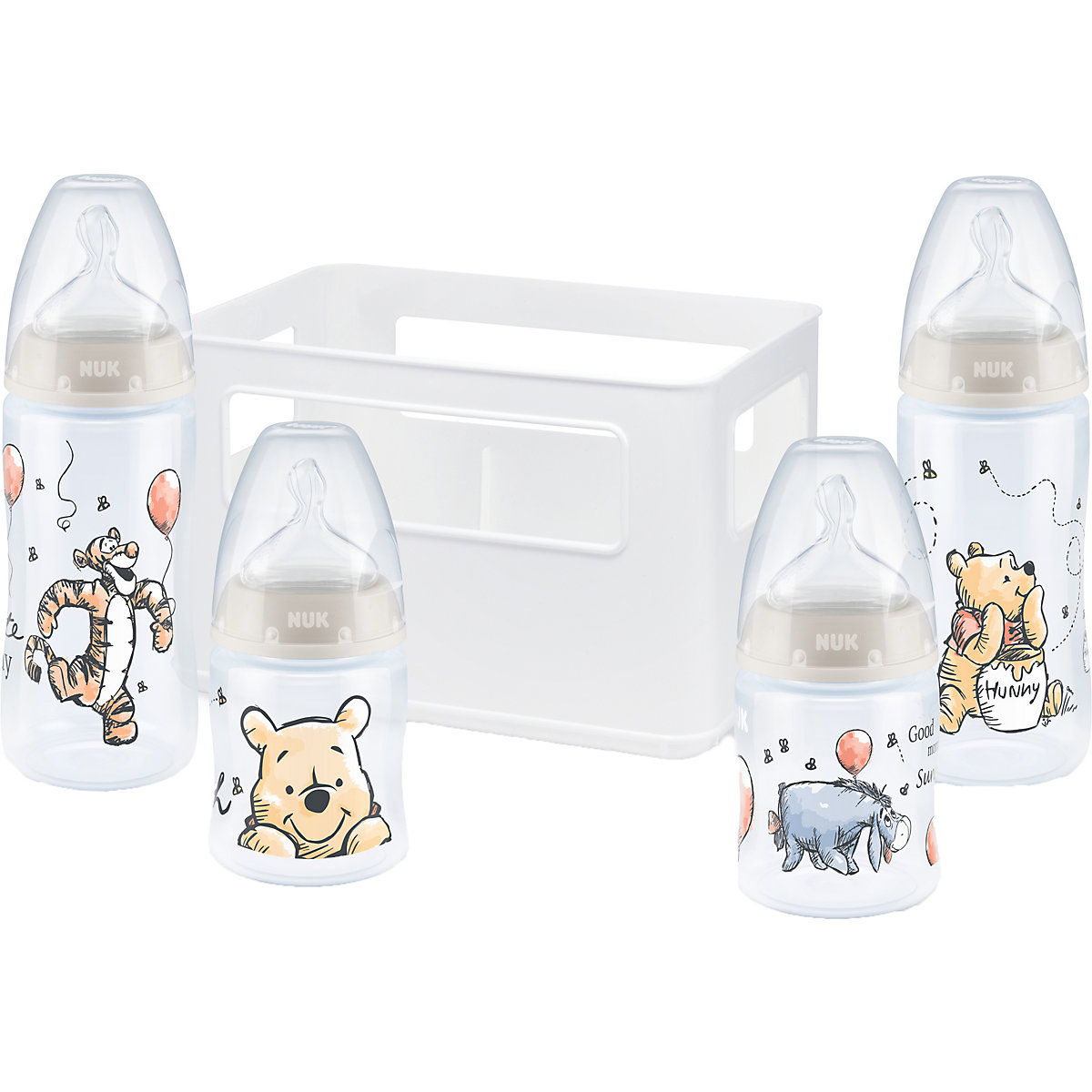 NUK Disney Winnie Puuh First Choice+ Starter Set mit Temperature Control Flaschenbox mit 4 Babyflaschen 0-6 Monate beige