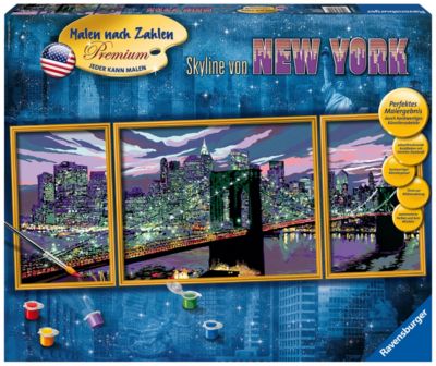 Malen nach Zahlen Premium Triptychon, 100x40 cm, mit Bilderfirnis, Skyline von New York