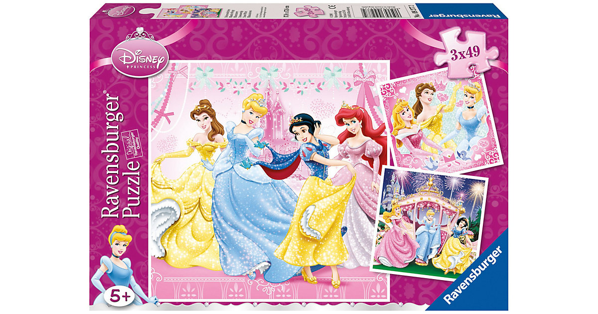 3er Set Puzzle, je 49 Teile, 21x21 cm, Disney Princess: Schneewittchen, ,Cinderella, Dornröschen, Arielle, Belle