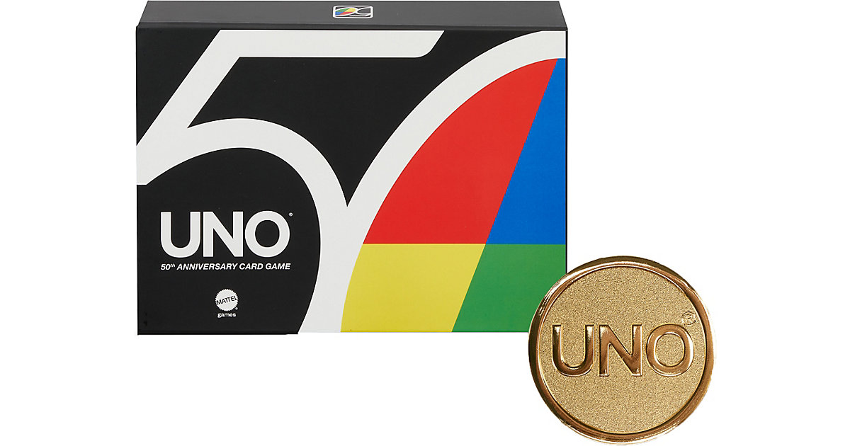 Image of Mattel Games 50 Jahre UNO Premium-Jubiläumsedition mit Münze, Kartenspiel