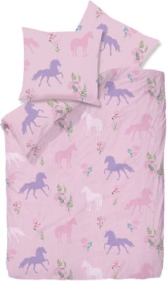 Bettwäsche Baumwoll Cretonne Pferde 80 x 80 cm von Pötter 135 x 200 cm rosa 