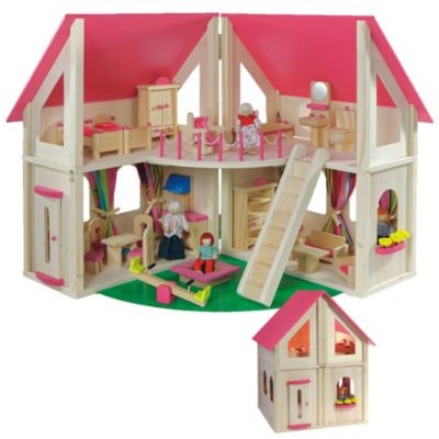 howa Puppenhaus "klappbar" aus Holz inkl Möbelset und 4 Puppen 7013 21 tlg 