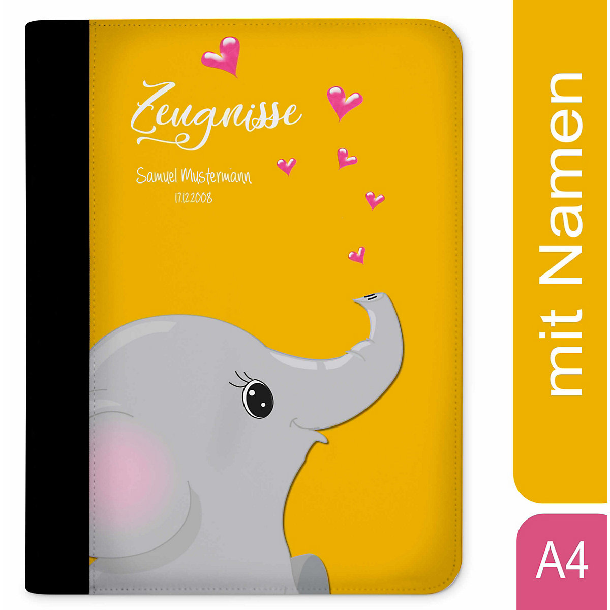 CreaDesign Zeugnismappe / Dokumentemappe mit Name personalisiert Elefant verliebt Gelb
