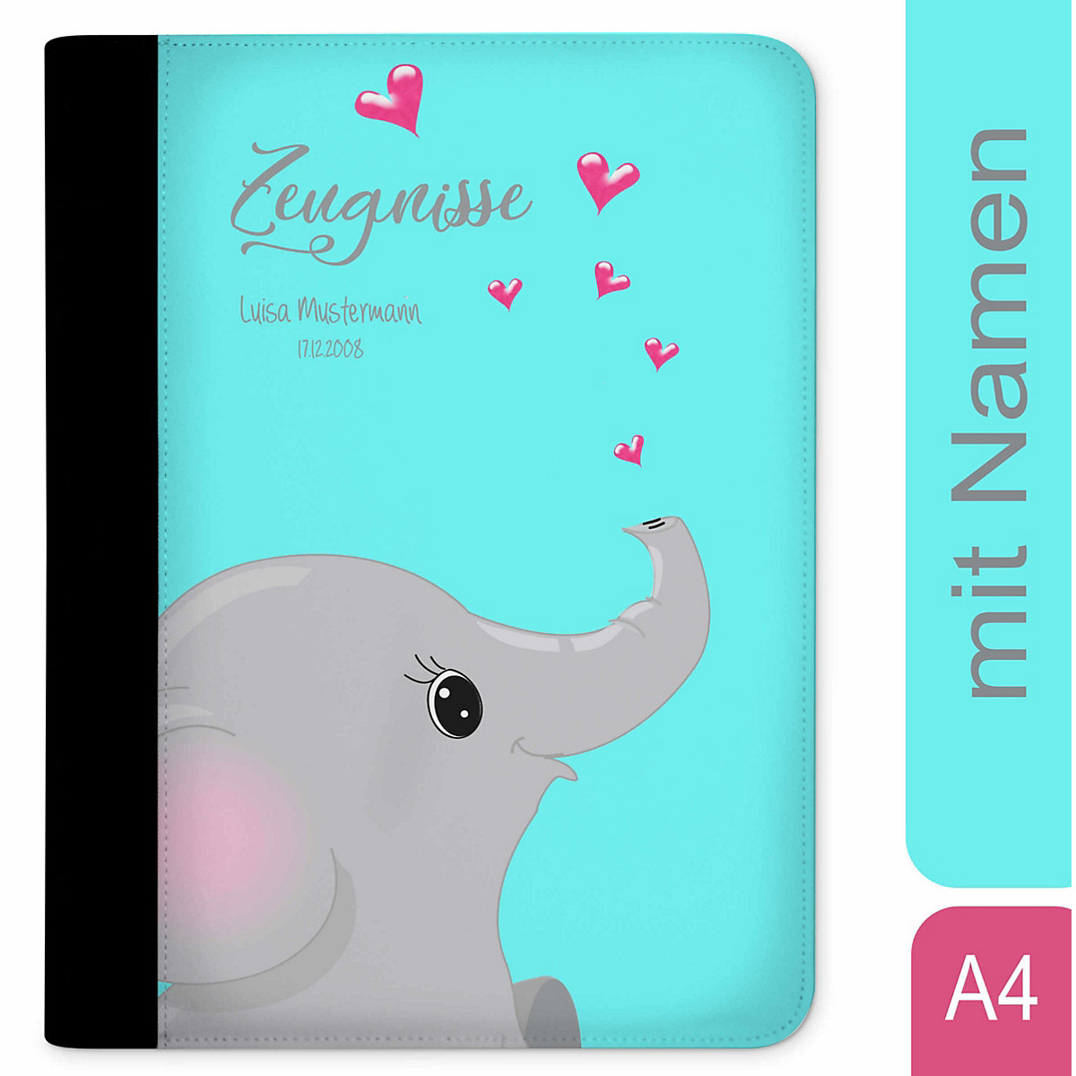 CreaDesign Zeugnismappe / Dokumentemappe mit Name personalisiert Elefant verliebt Türkis