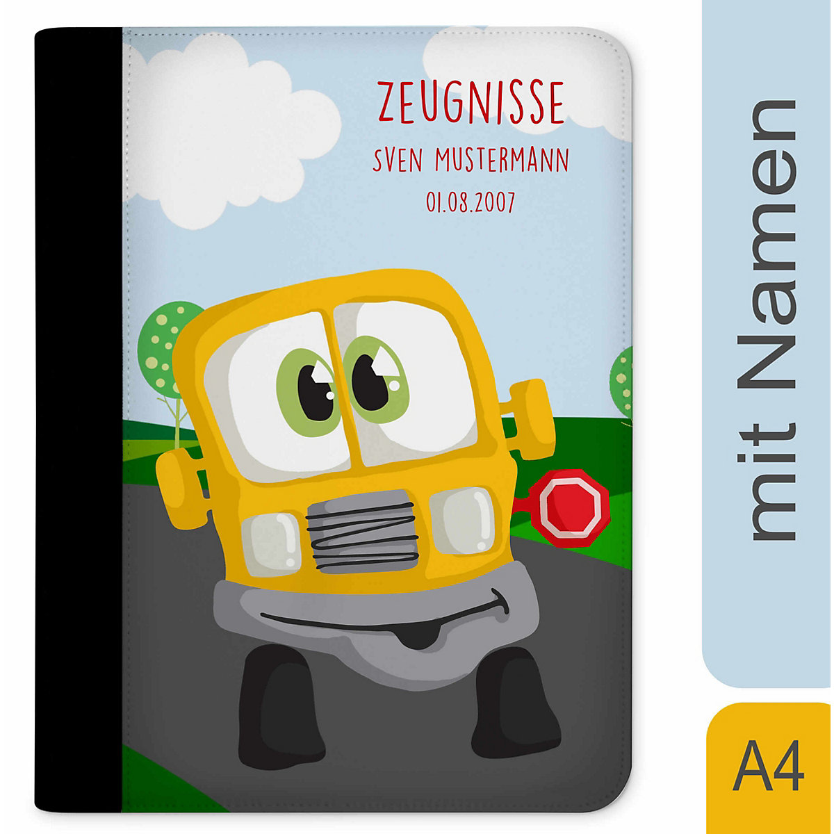 CreaDesign Zeugnismappe / Dokumentemappe mit Name personalisiert Auto-Cartoon Bus