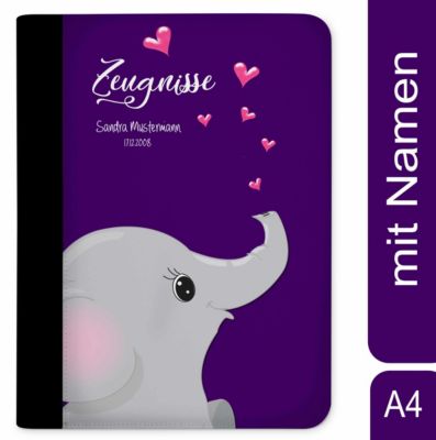 CreaDesign Zeugnismappe / Dokumentemappe mit Name personalisiert Elefant verliebt Lila