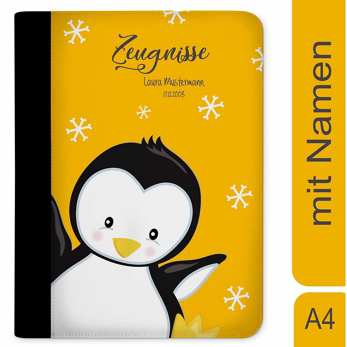 CreaDesign Zeugnismappe / Dokumentemappe mit Name personalisiert Pinguin Gelb