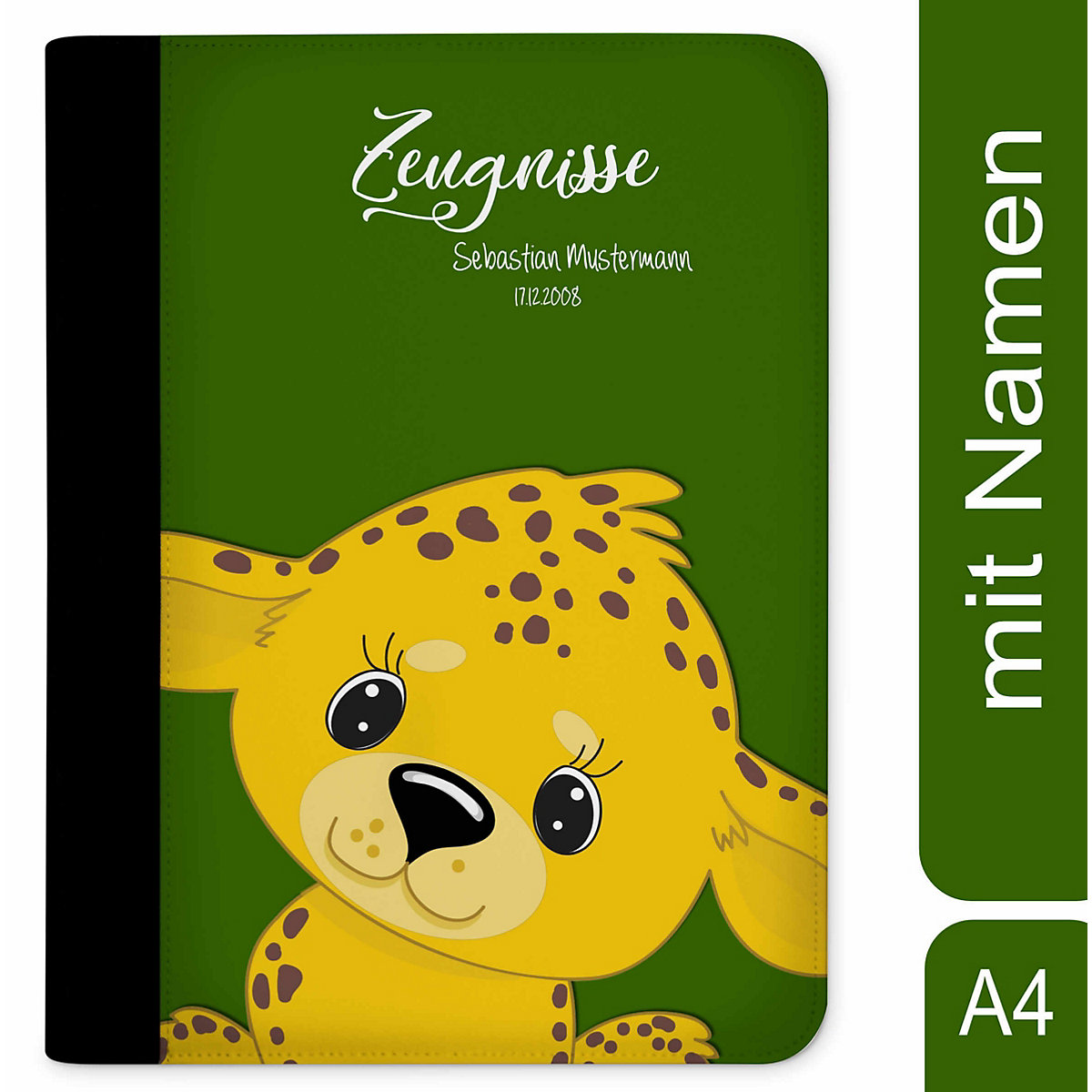 CreaDesign Zeugnismappe / Dokumentemappe mit Name personalisiert Leopard Grün