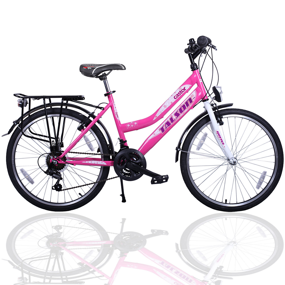 TALSON24 City-Fahrrad 26 Zoll mit Beleuchtung und Gepäckträger 21 Gänge Damenfahrrad Rosa
