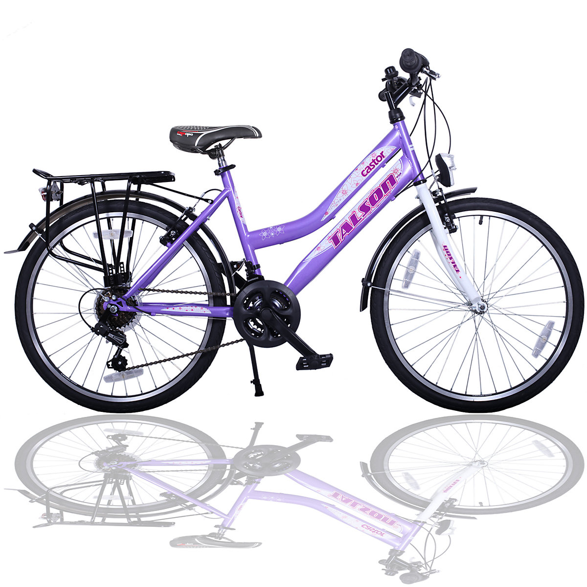TALSON24 City-Fahrrad 26 Zoll 21 Gänge Damenfahrrad mit Beleuchtung und Gepäckträger Lila