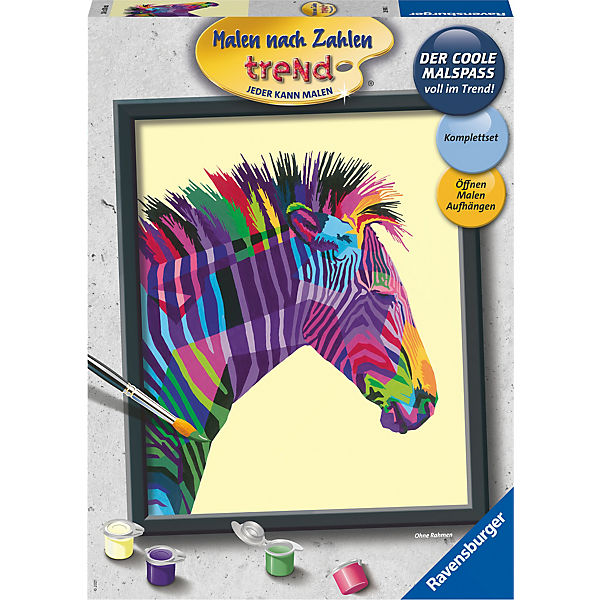 Malen nach Zahlen , 24x30 cm, mit farbigen Motivlinien, Buntes Zebra
