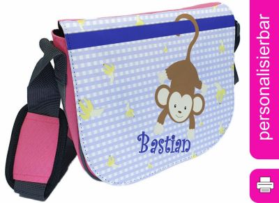 CreaDesign Kindergartentasche Rosa oder Hellblau mit Name personalisiert Affe hängend blau Umhängeband Verstellbar Verstellbare Träger Innentaschen Wasserabstoßend Reflektierend