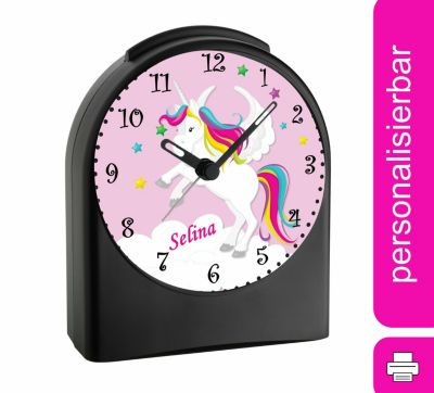 CreaDesign Kinder Funkwecker personalisiert mit Namen Einhorn Atom-/Funkuhr 12-Stunden-Anzeigeformat Schlummerfunktion Nachtlicht Geräuschlos/Ohne Ticken