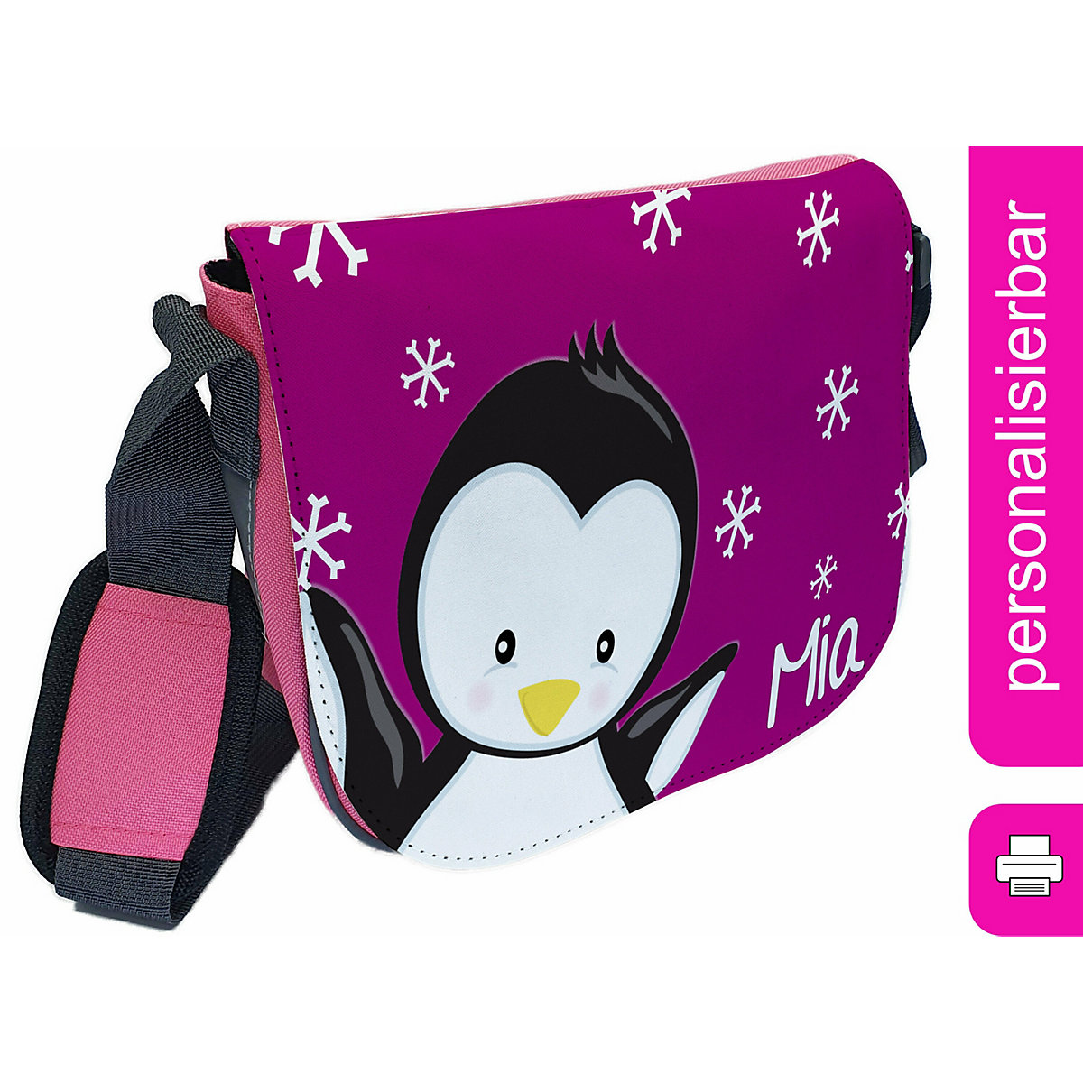 CreaDesign Kindergartentasche Rosa oder Hellblau mit Name personalisiert Pinguin brombeere Umhängeband Verstellbar Verstellbare Träger Innentaschen Wasserabstoßend Reflektierend