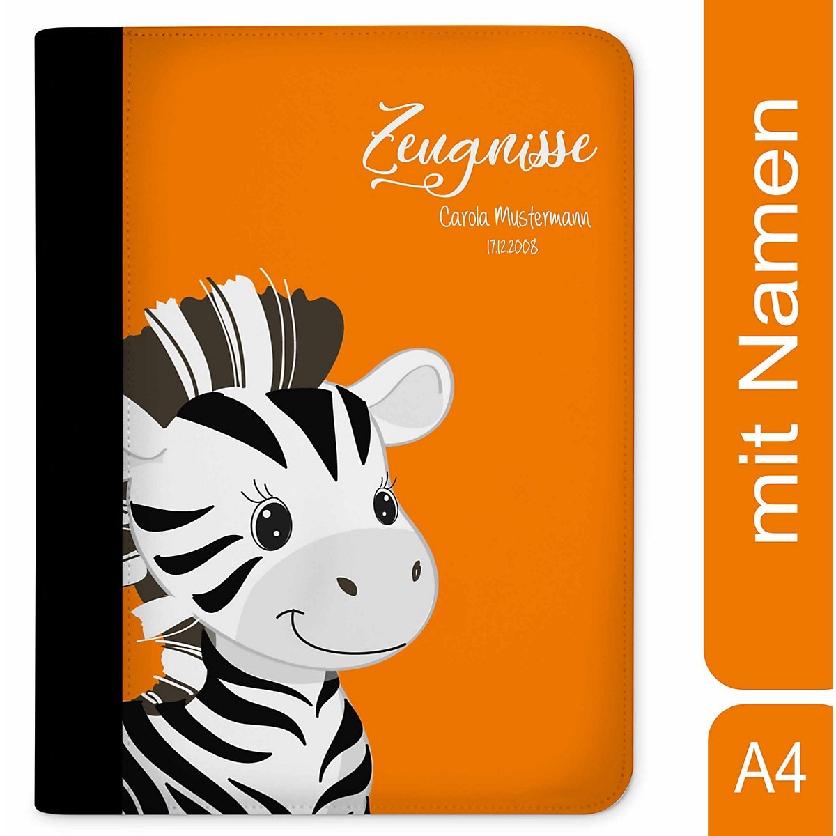 CreaDesign Zeugnismappe / Dokumentemappe mit Name personalisiert Zebra Orange