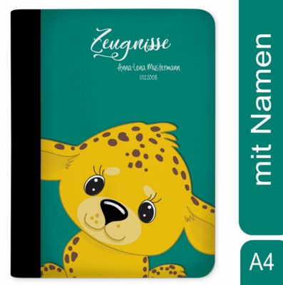 CreaDesign Zeugnismappe / Dokumentemappe mit Name personalisiert Leopard Petrol
