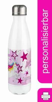 CreaDesign Edelstahl Kinder Thermoflasche / Trinkflasche bunt Pegasus Sterne Farbe rosa Spülmaschinenfest Auslaufsicher Bruchfest Doppelwandig Für Heißgetränke geeignet Mit Deckel Isoliert