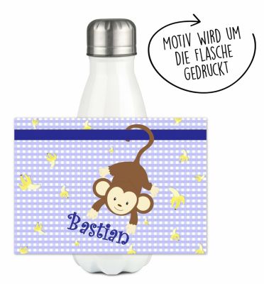 CreaDesign Edelstahl Kinder Thermoflasche / Trinkflasche bunt Affe hängend Farbe blau Spülmaschinenfest Auslaufsicher Bruchfest Doppelwandig Für Heißgetränke geeignet Mit Deckel Isoliert