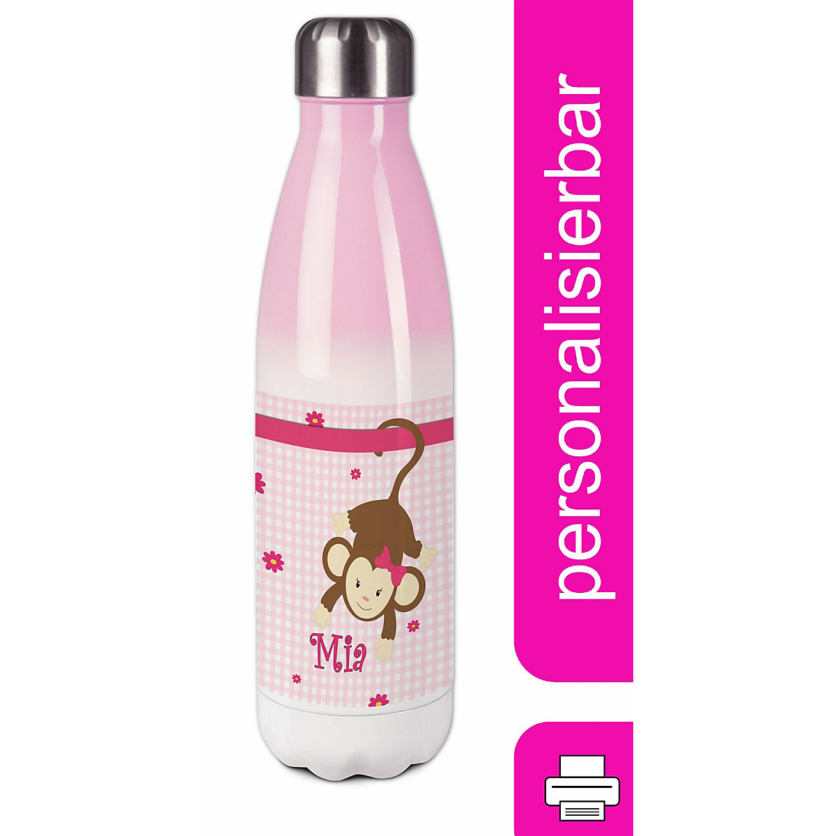 CreaDesign Edelstahl Kinder Thermoflasche / Trinkflasche bunt Affe hängend Farbe rosa Spülmaschinenfest Auslaufsicher Bruchfest Doppelwandig Für Heißgetränke geeignet Mit Deckel Isoliert